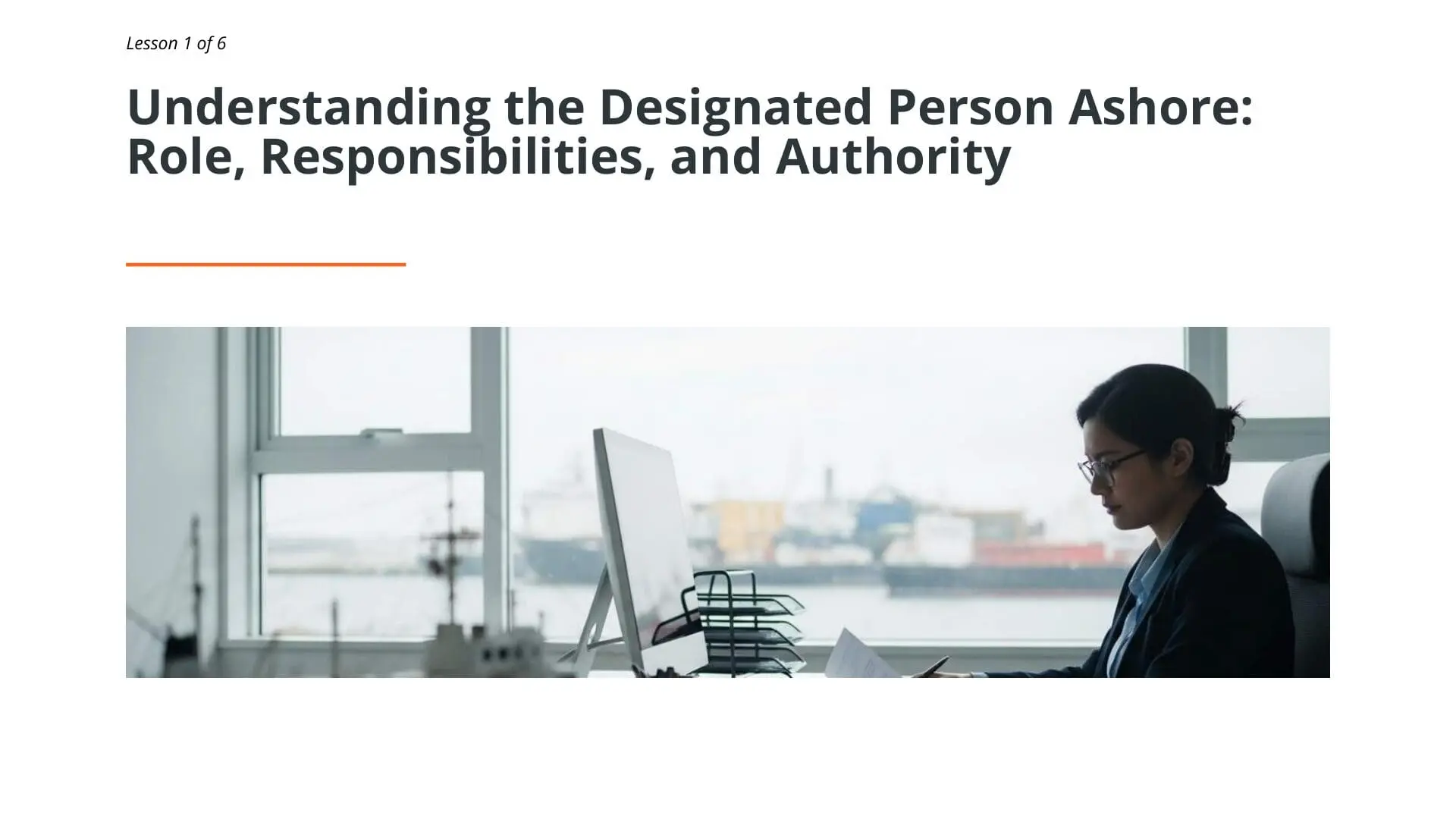 Professional woman at desk with harbor view, representing DPA responsibilities and maritime safety management system training for effective collaboration