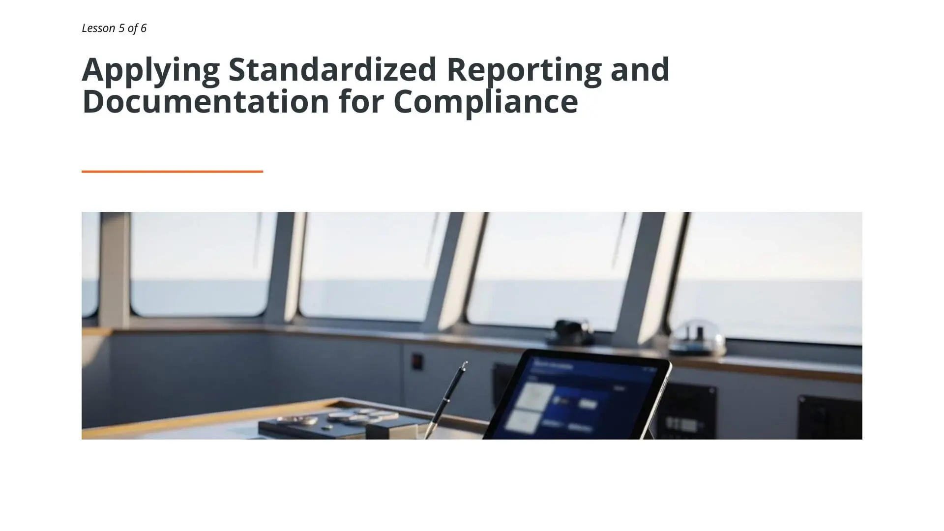 Maritime bridge command center with monitoring equipment and tablet displaying compliance documentation standards for DPA training
