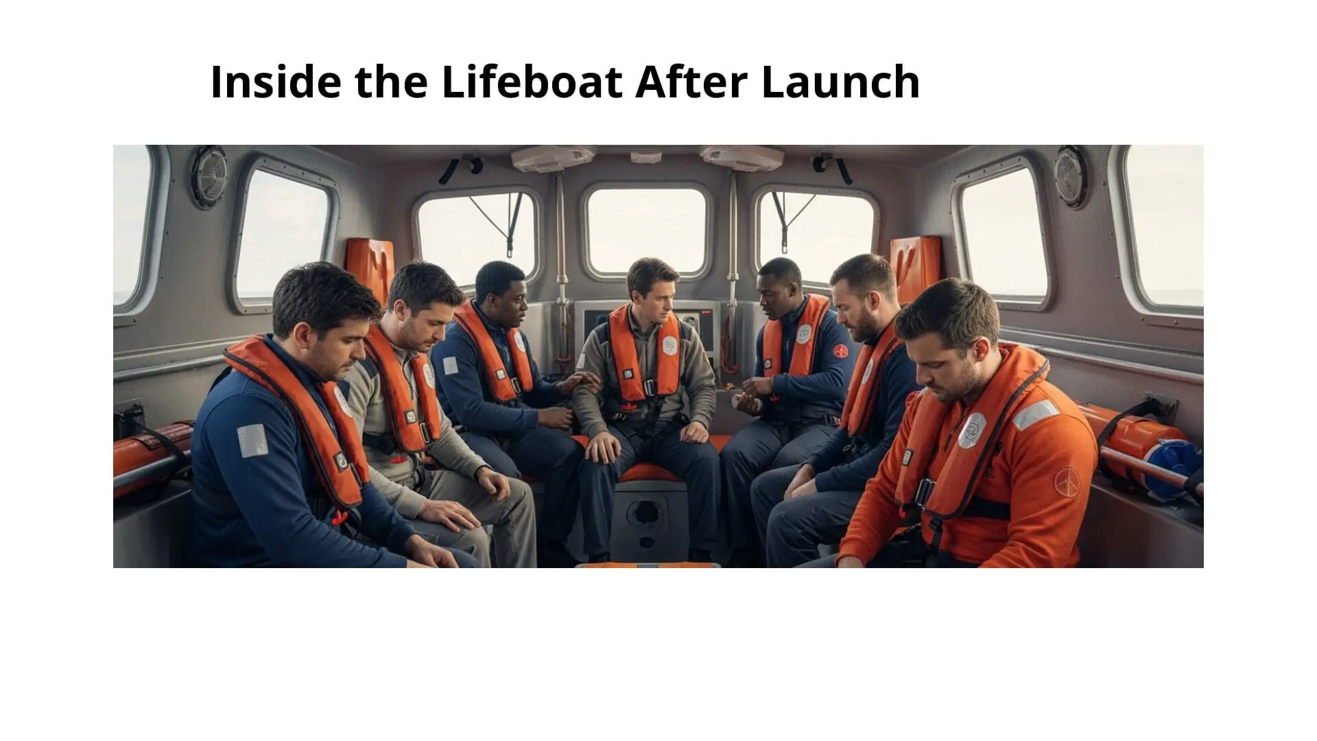 Six crew members wearing orange life jackets seated inside a lifeboat cabin during emergency response training for free-fall lifeboat operations