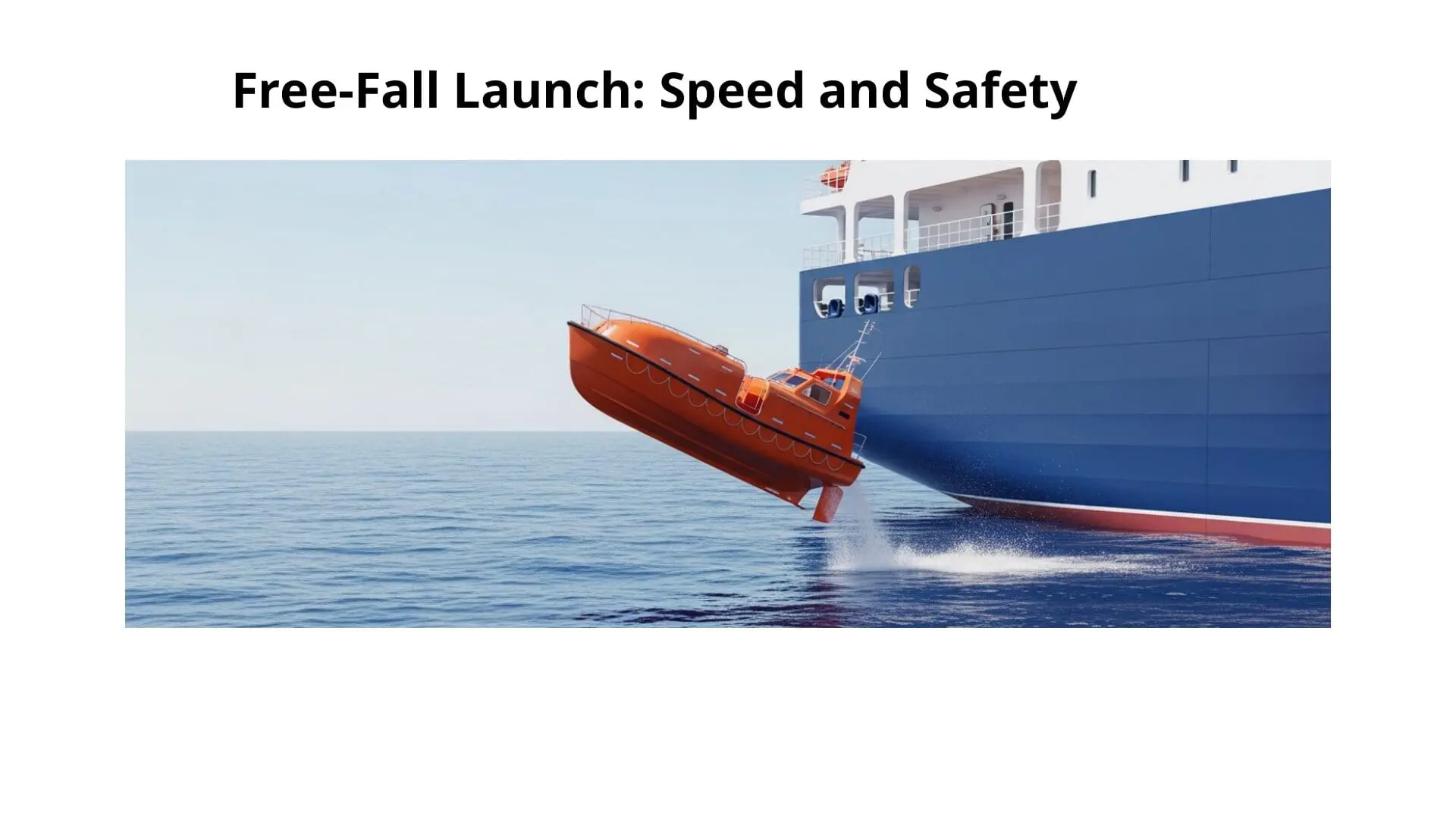 Red free-fall lifeboat being launched from blue cargo ship into ocean during emergency response operations training