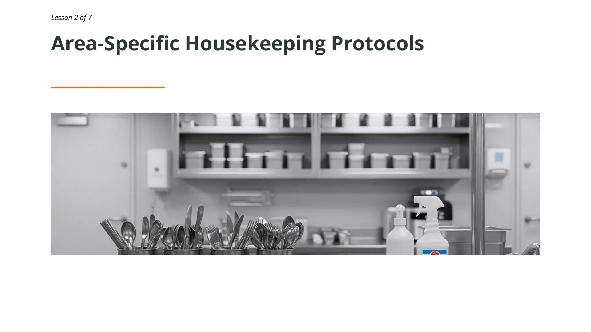 Clean maritime kitchen with organized utensils, shelving, and cleaning supplies demonstrating proper housekeeping protocols for ships and offshore installations