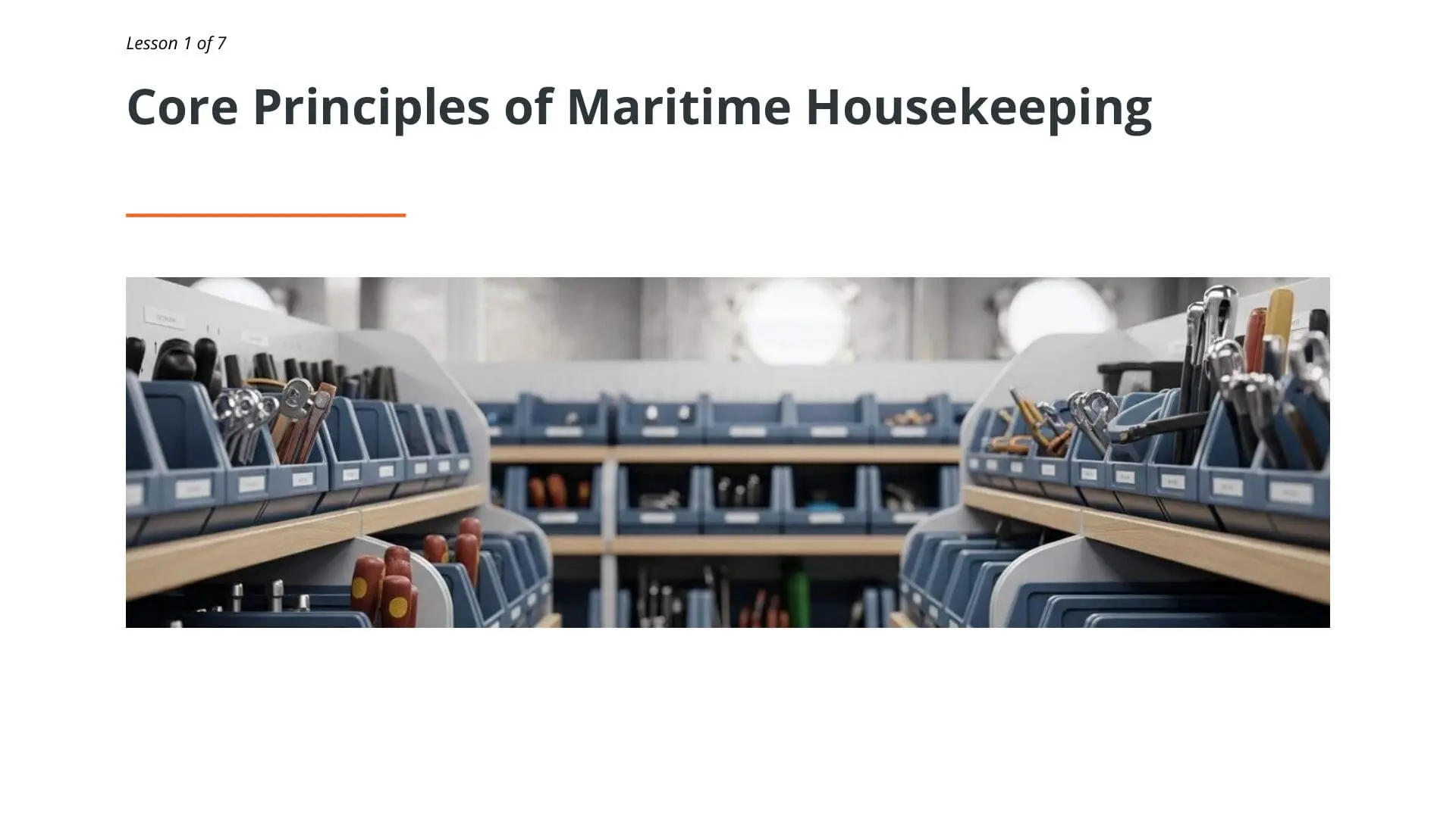 Organized ship storage compartment with labeled bins containing maritime tools, equipment, and supplies demonstrating proper housekeeping standards