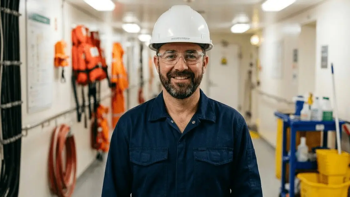 Smiling maritime professional wearing white hard hat and navy work uniform in ship safety equipment storage room with life jackets and safety gear