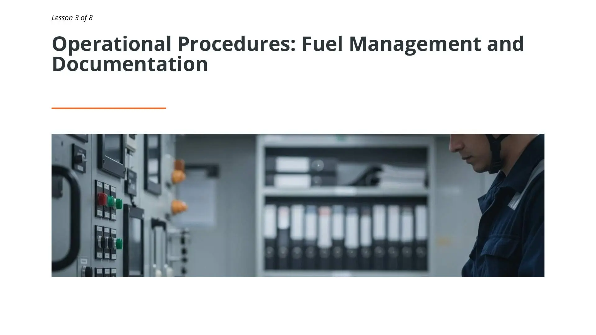 Technician monitoring fuel management systems at industrial control panel with gauges and indicators for maritime operational procedures