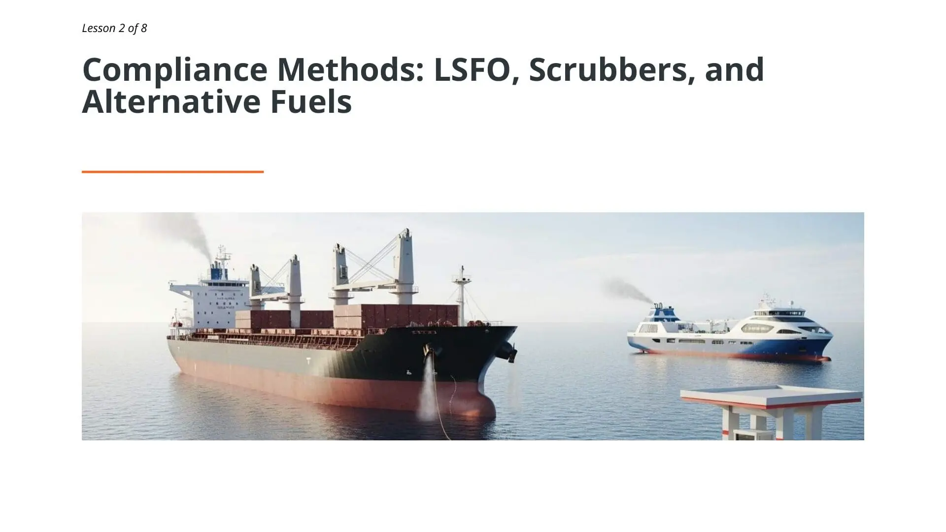 Large cargo ship and smaller vessel at sea demonstrating IMO 2020 sulphur cap compliance methods including LSFO scrubbers and alternative fuels for maritime operations