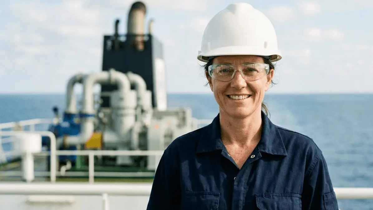 Professional maritime worker wearing white hard hat and safety glasses on oil tanker deck with industrial equipment and ocean backdrop