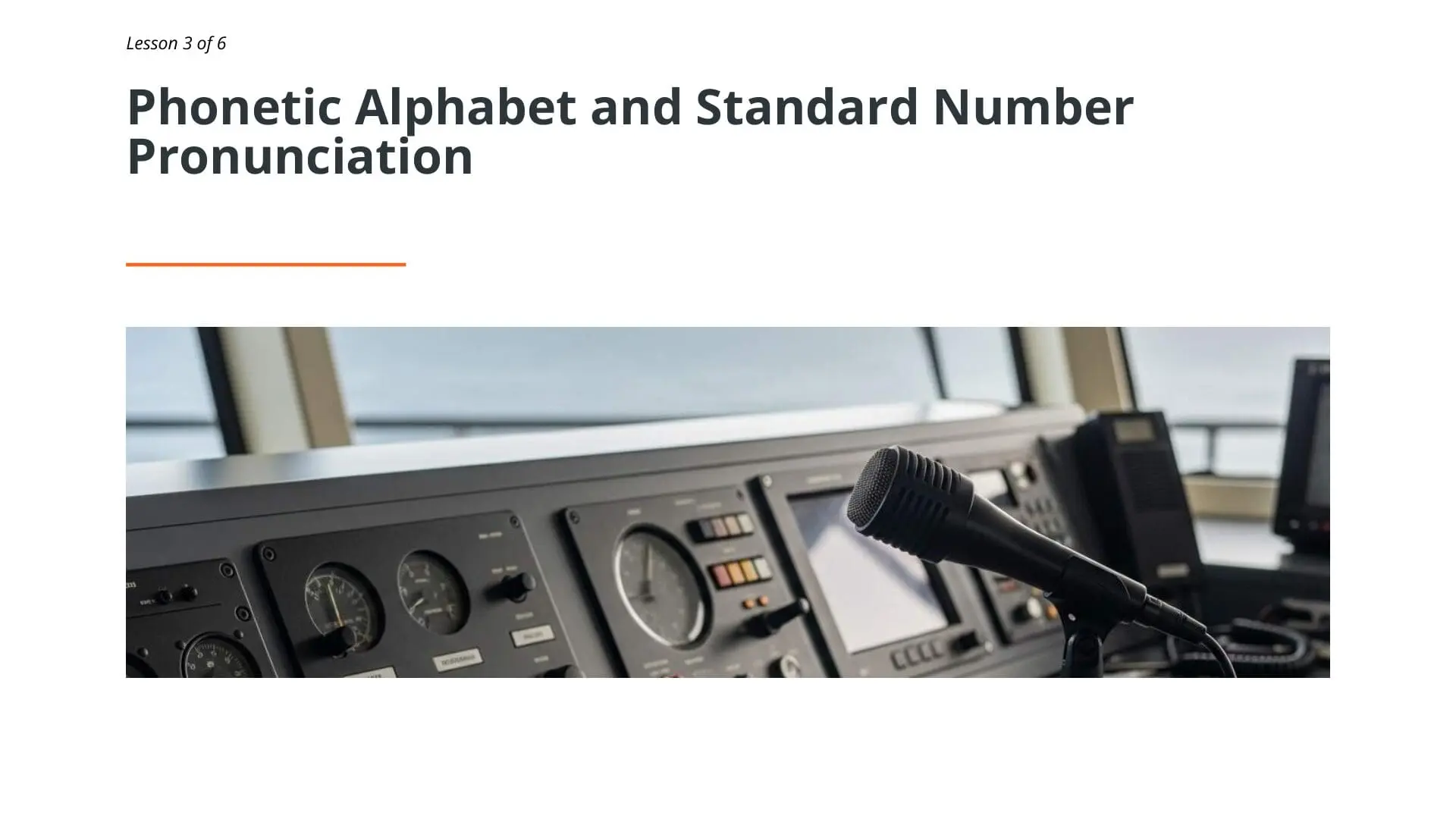 Aircraft cockpit control panel with microphone for maritime communication training on phonetic alphabet and standard number pronunciation in STCW lesson 3