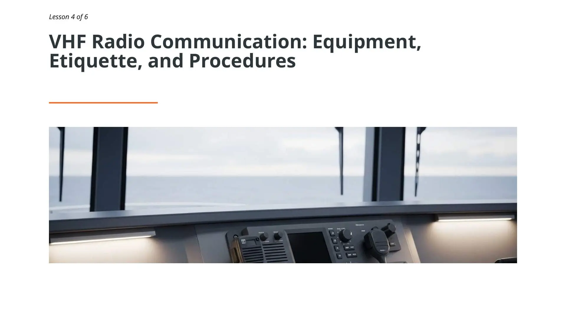 Marine bridge VHF radio equipment with microphone and display controls for maritime communication training