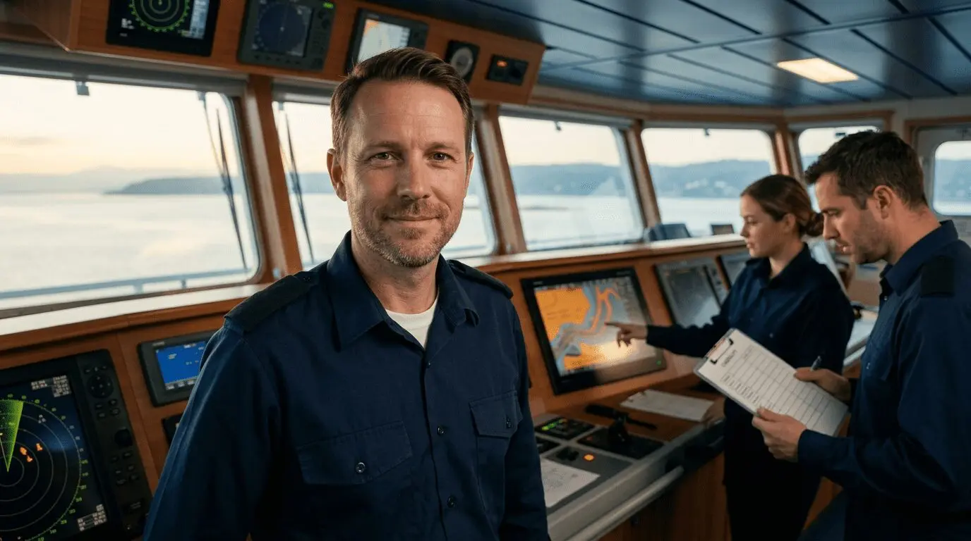 Seafarer in the bridge of a vessel at sea with two colleagues
