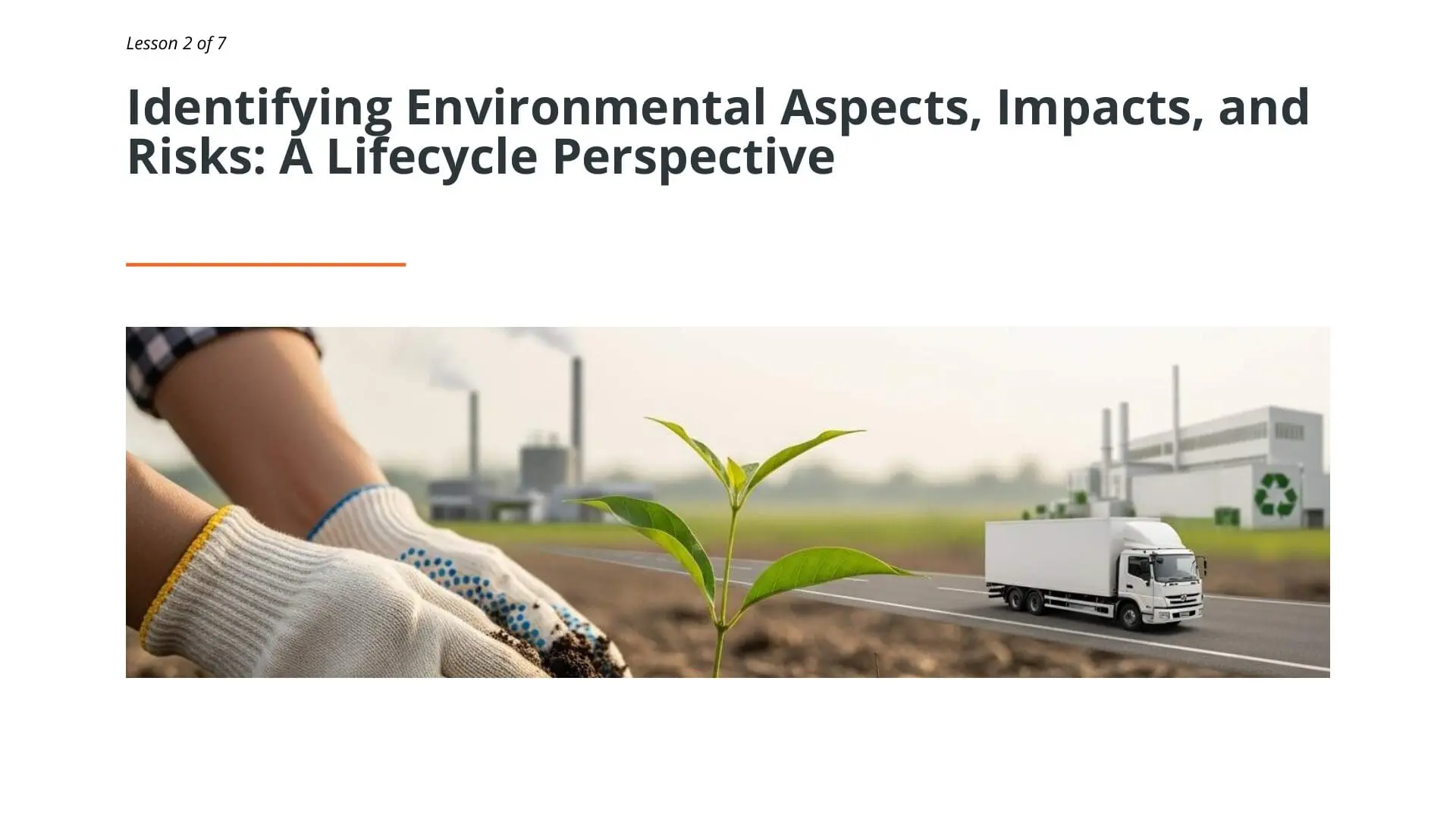 ISO 14001 environmental management lifecycle showing soil, seedling, industrial facility, and delivery truck representing production and sustainability