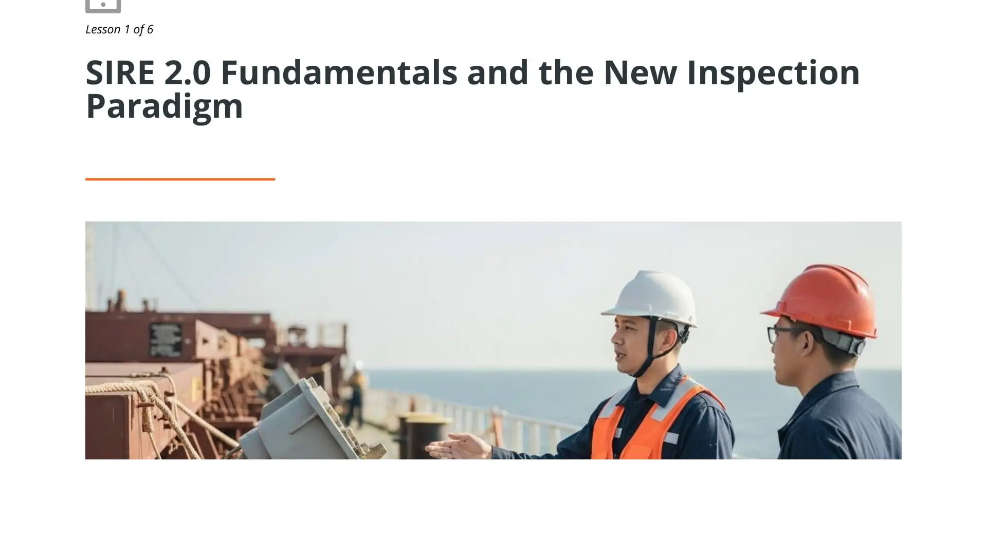Two maritime professionals in hard hats reviewing inspection documentation on an industrial tanker vessel at sea for SIRE 2.0 training