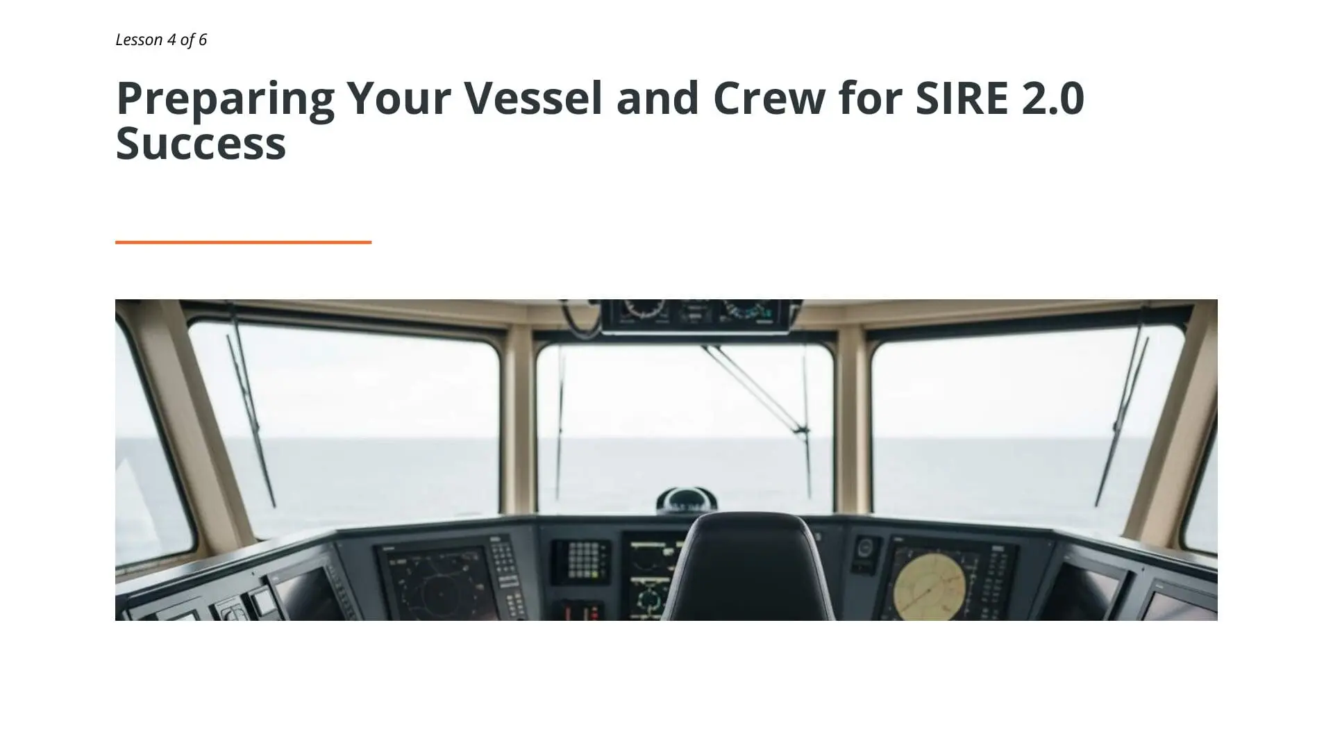 Captain's bridge view with navigation instruments and controls for SIRE 2.0 tanker operations training