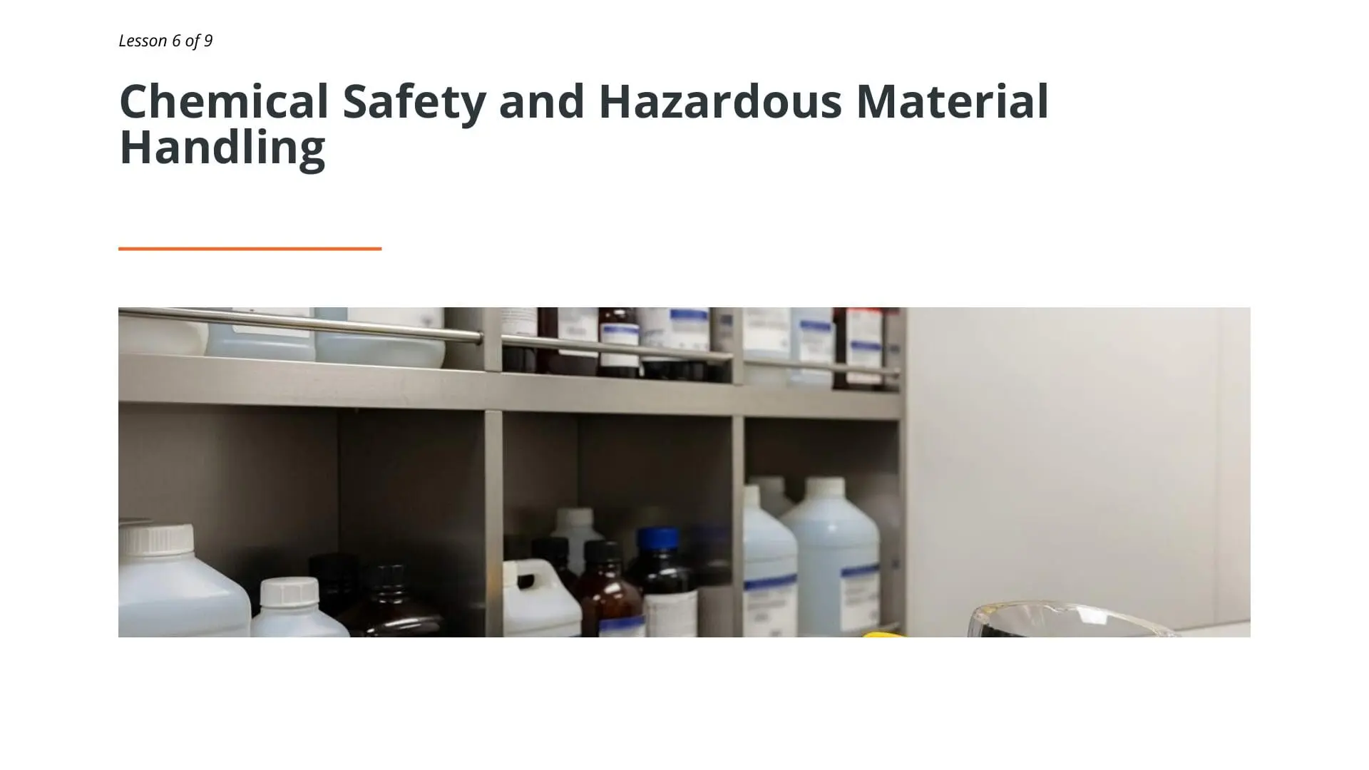 Laboratory cabinet storage with properly labeled chemical bottles and containers for maritime galley safety training
