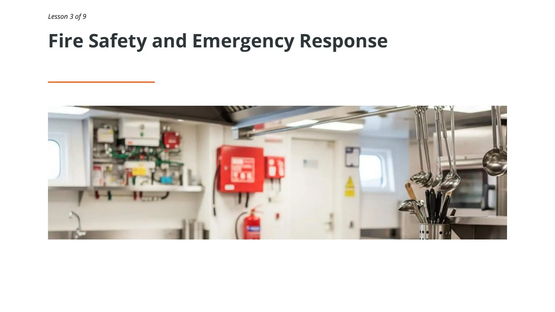 Maritime galley fire safety equipment including fire extinguishers and emergency response procedures in ship kitchen