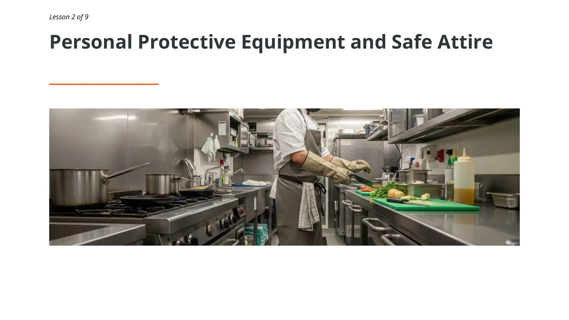 Professional chef wearing white chef's coat, head covering, and heat-resistant gloves working in a commercial ship galley kitchen during maritime galley safety training lesson 2 of 9