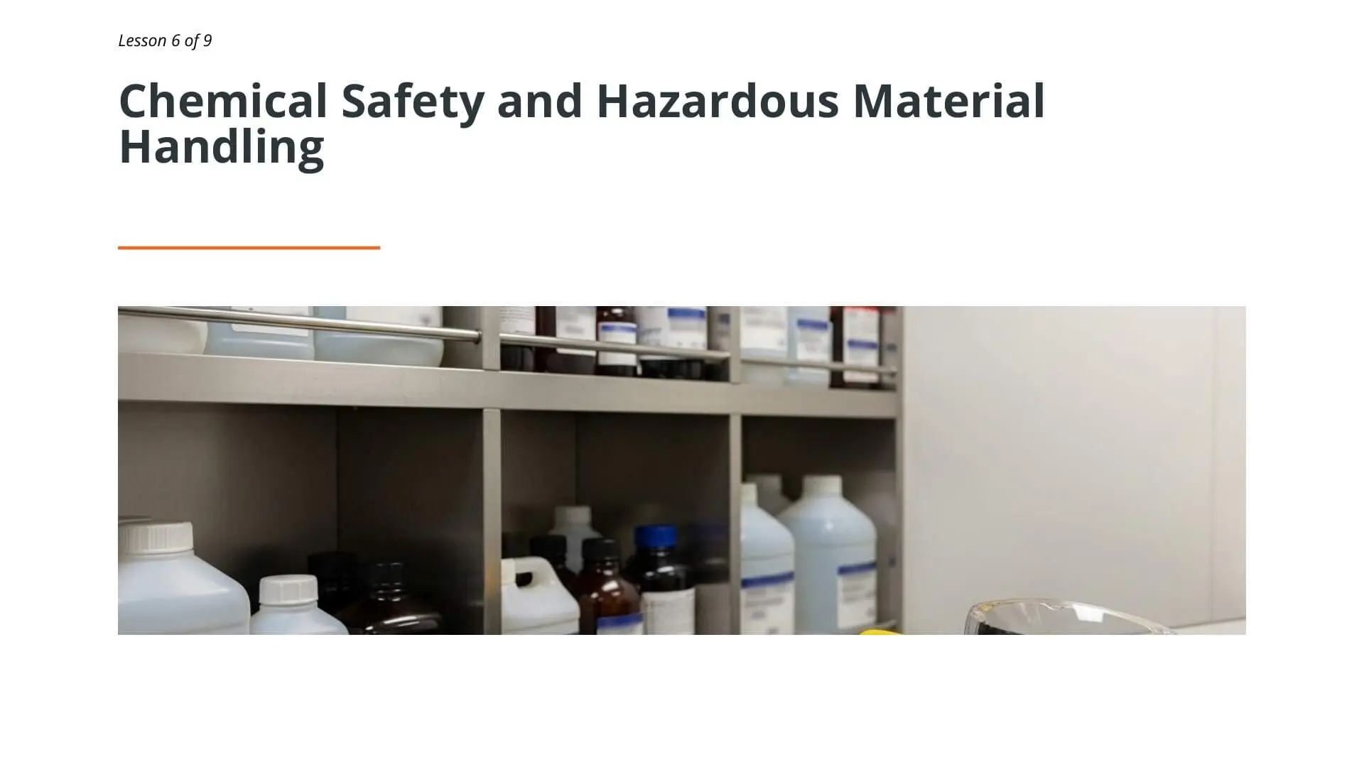 Laboratory cabinet storage with properly labeled chemical bottles and containers for maritime galley safety training