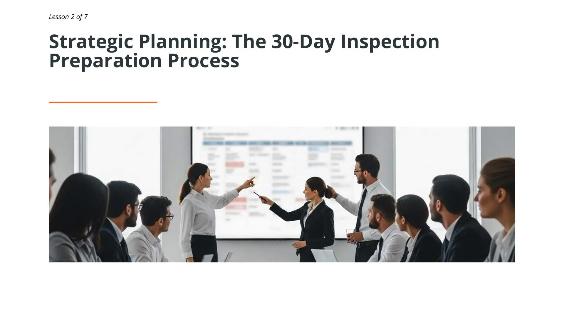 Maritime team discussing SIRE 2.0 inspection preparation strategy during 30-day inspection planning meeting with project timeline displayed