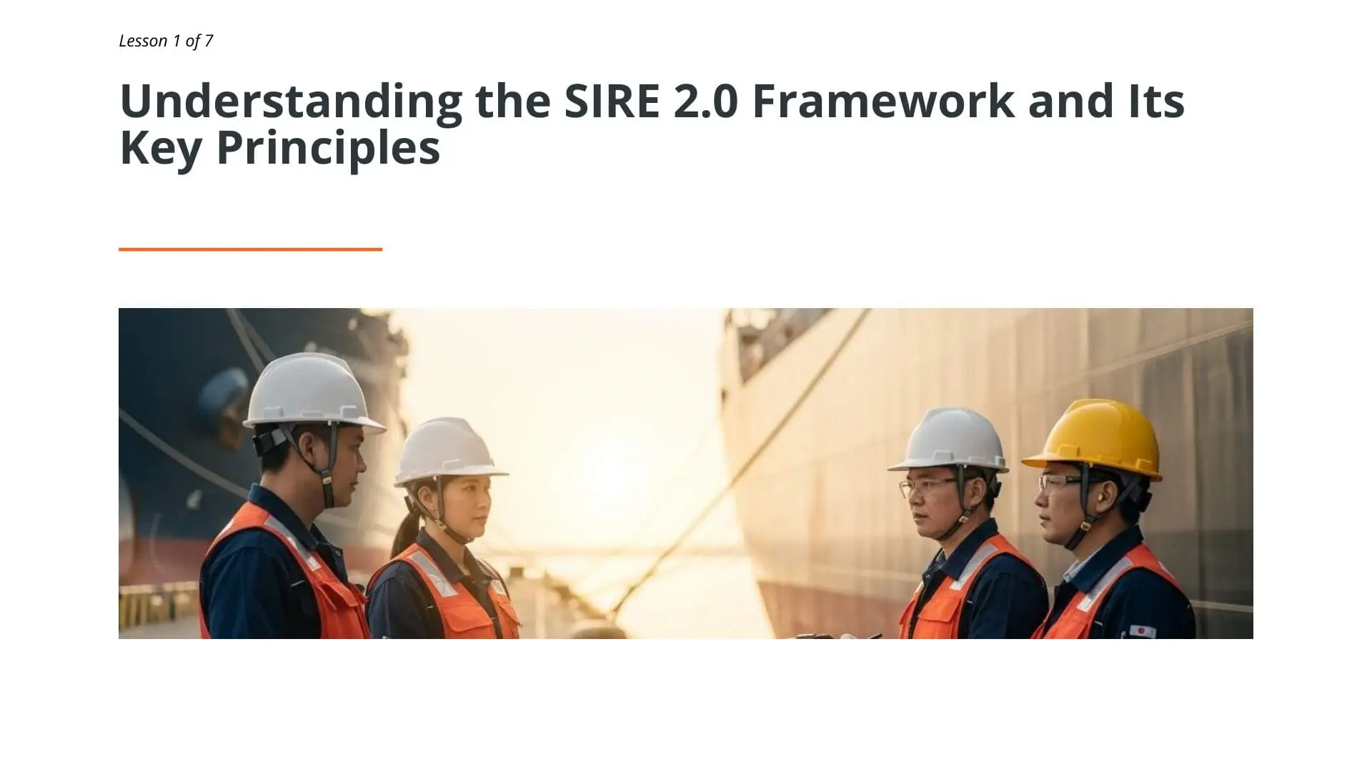 Four workers wearing hard hats and safety vests on industrial site for SIRE 2.0 inspections training