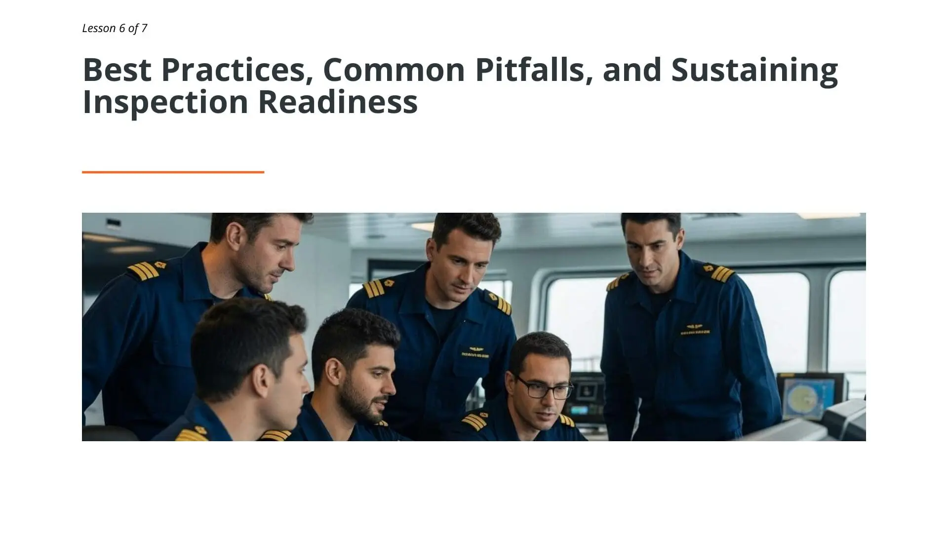 Maritime officers in uniform reviewing vessel operations and inspection procedures on bridge during SIRE 2.0 inspection preparation training