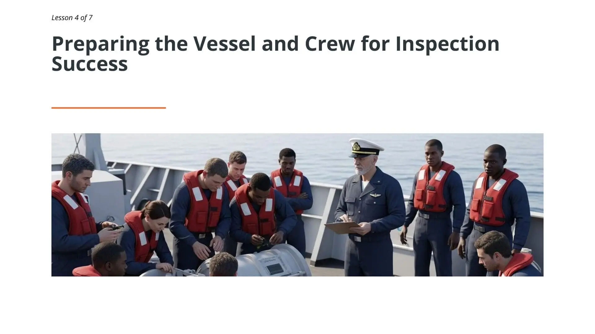 Naval officer briefing crew members on vessel deck during SIRE 2.0 inspection preparation with safety vests and documentation