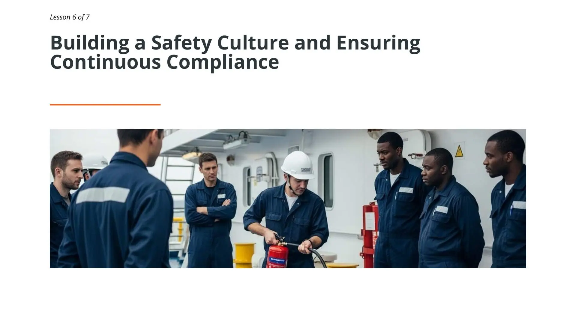 Maritime workers in safety uniforms conducting fire extinguisher training during port state control compliance session