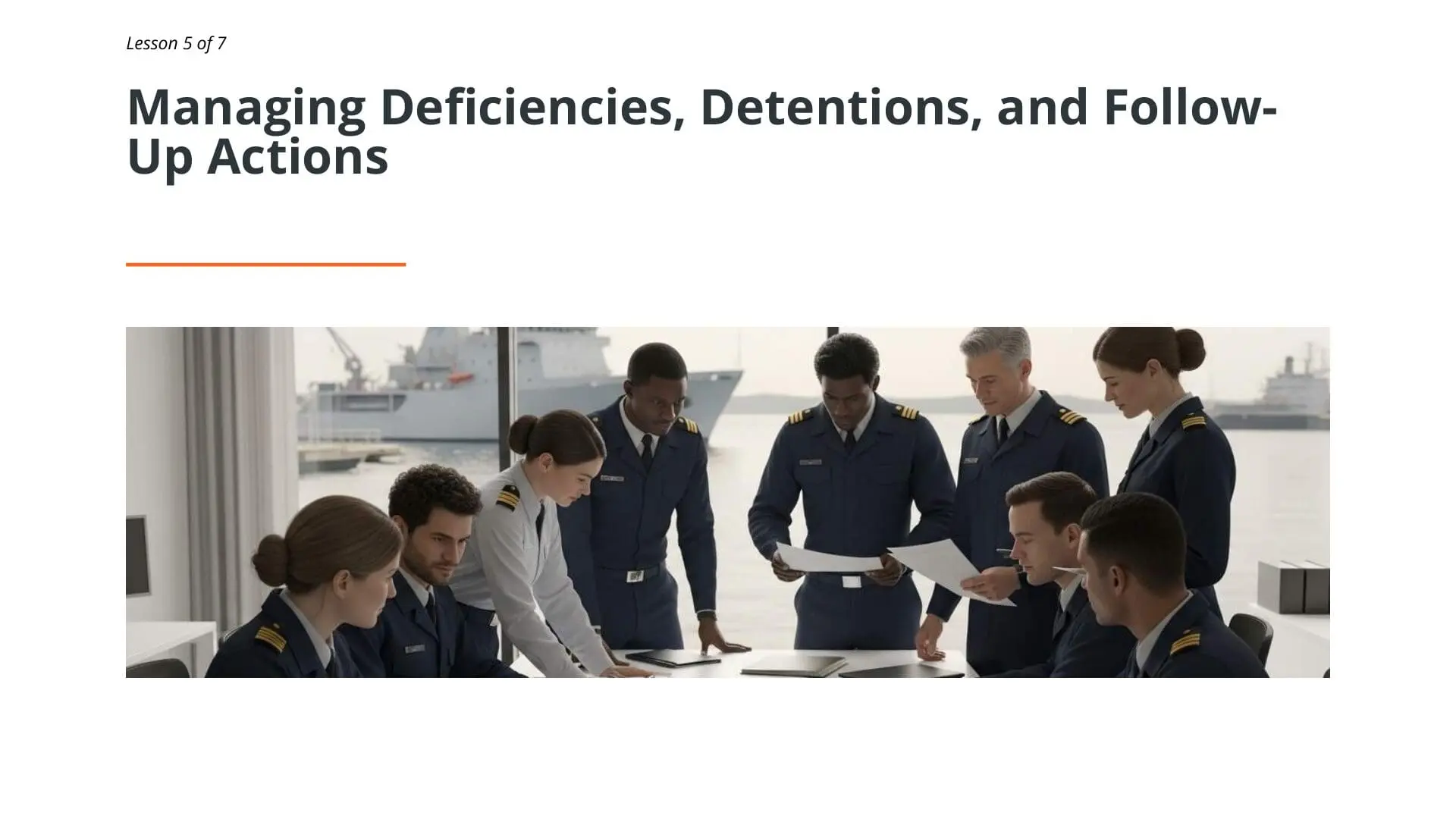Naval officers reviewing deficiencies and detention procedures during Port State Control inspection training meeting with ocean view background