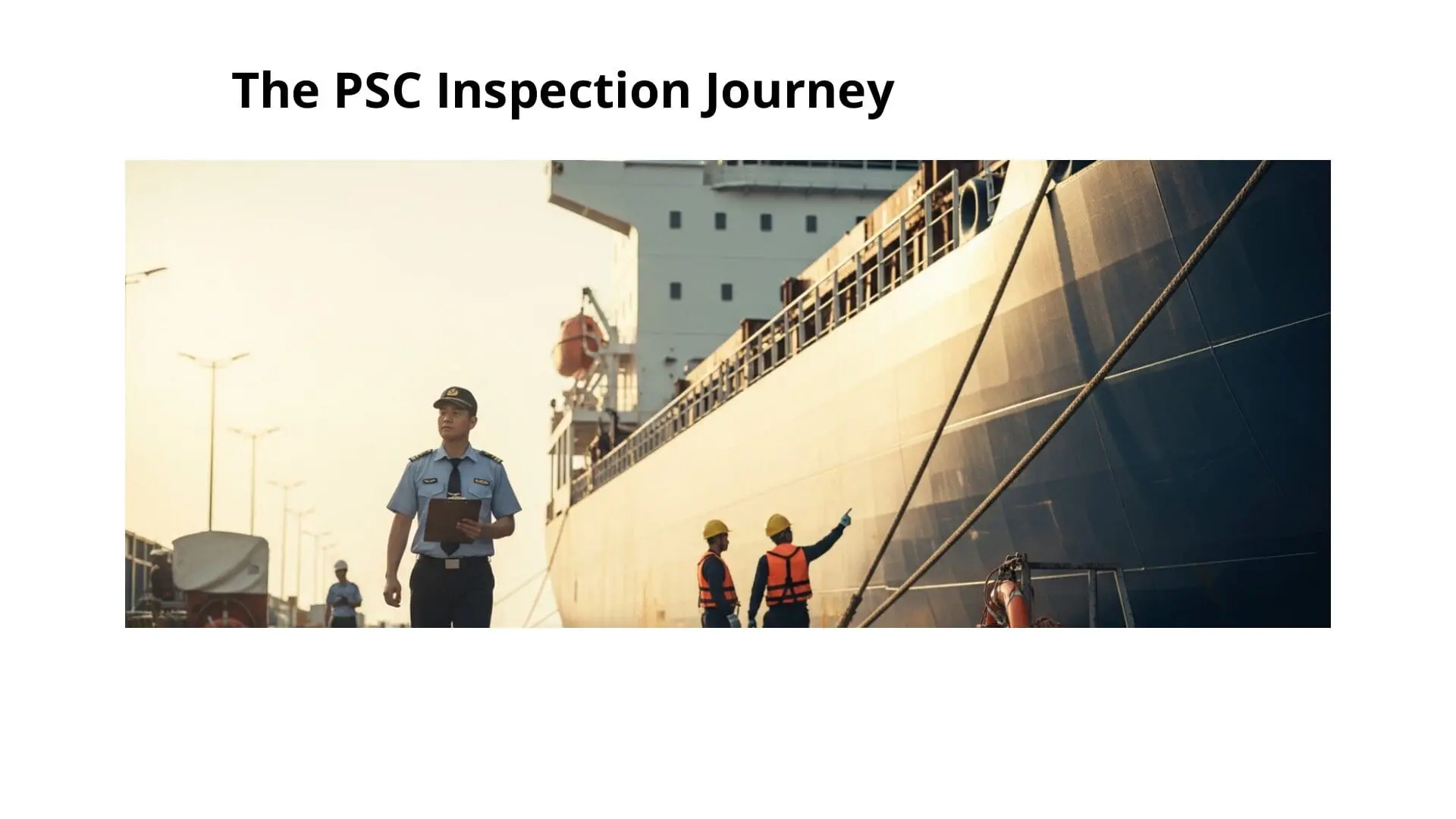 PSC inspector and workers conducting port state control inspection of large cargo ship at dock during maritime safety assessment