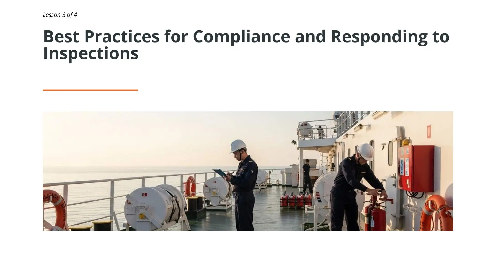 Port State Control inspectors conducting vessel compliance inspection with safety equipment visible on ship deck during maritime audit