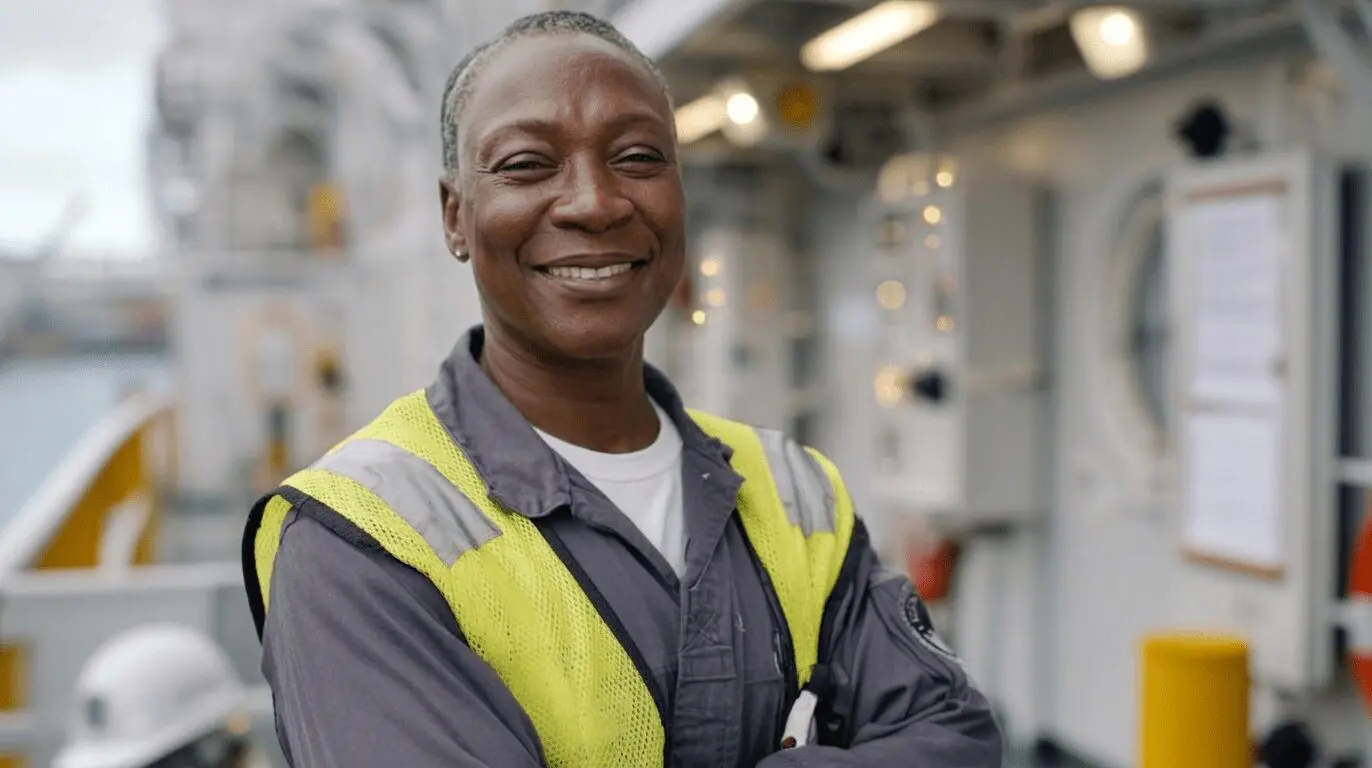 Professional maritime worker wearing yellow safety vest smiling confidently in modern industrial shipboard environment