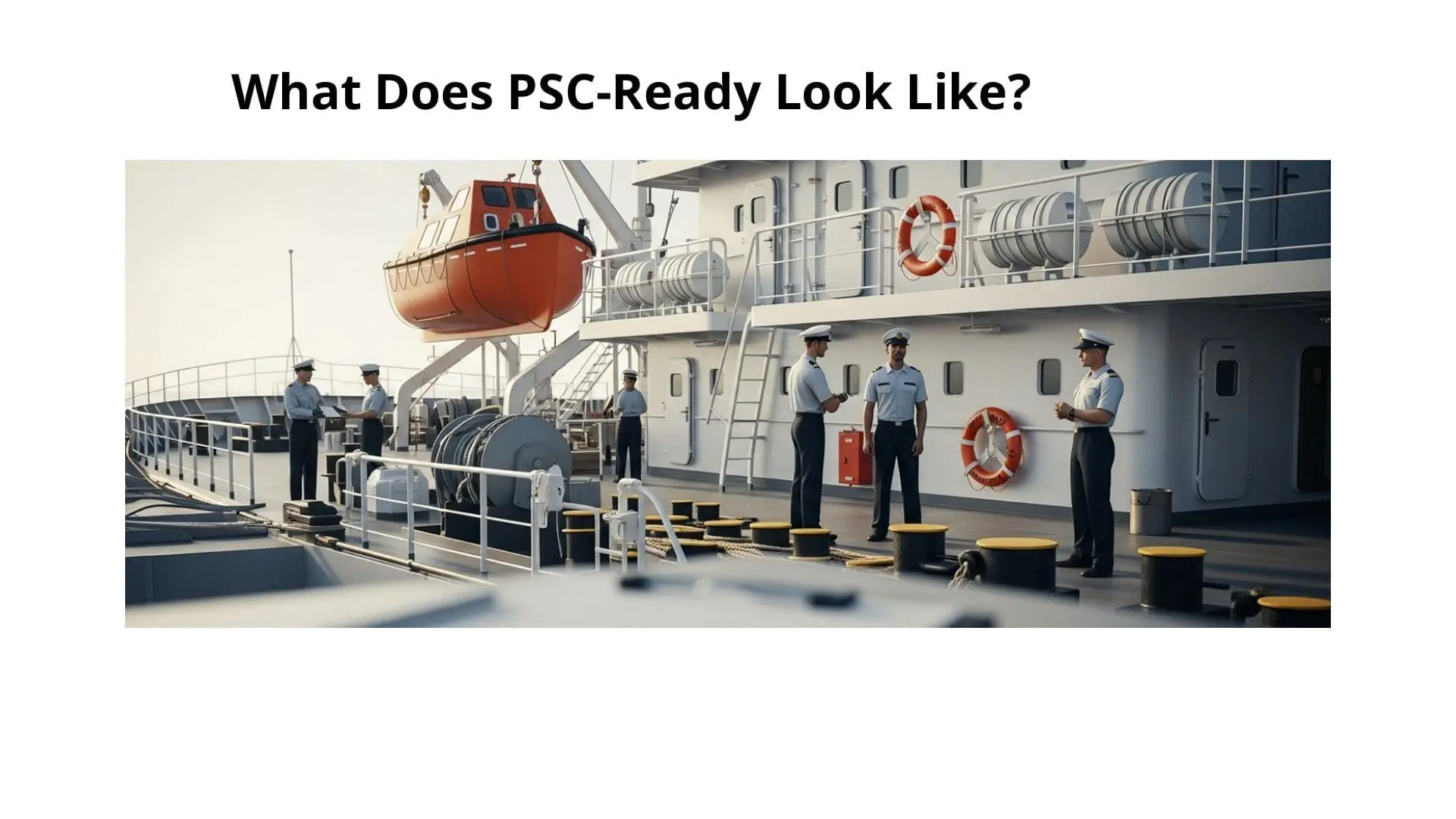 Port State Control ready ship with uniformed crew members conducting safety inspection and maintenance on vessel deck with lifeboat and safety equipment