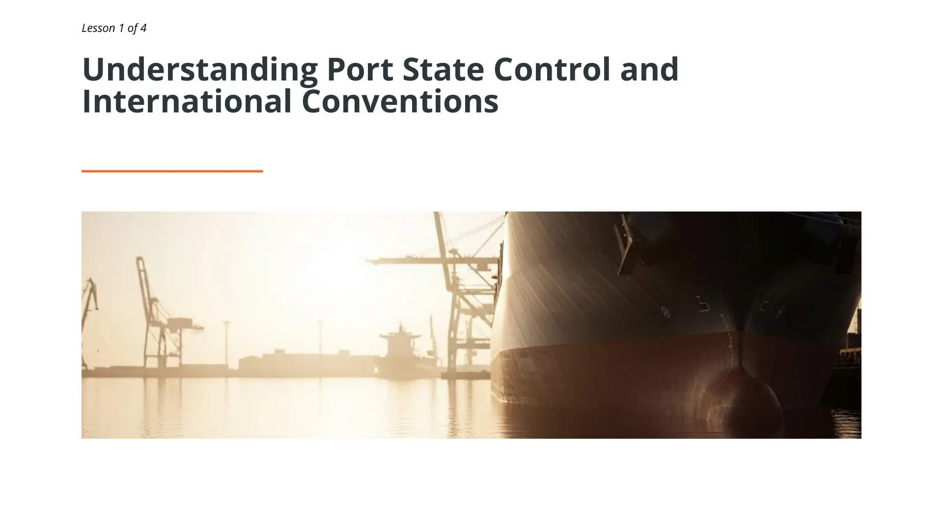 Industrial shipping port with large cargo vessel docked at container terminal cranes during golden hour, illustrating maritime port state control operations