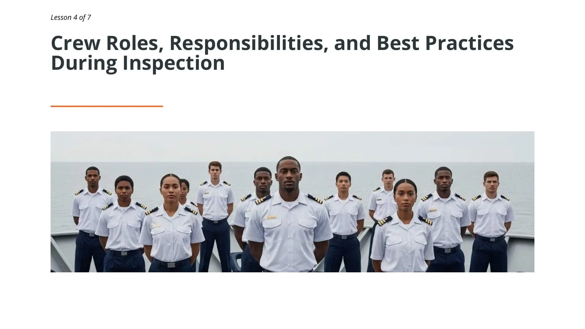 Diverse maritime crew members in white uniforms and shoulder boards standing together on ship deck during Port State Control inspection training lesson