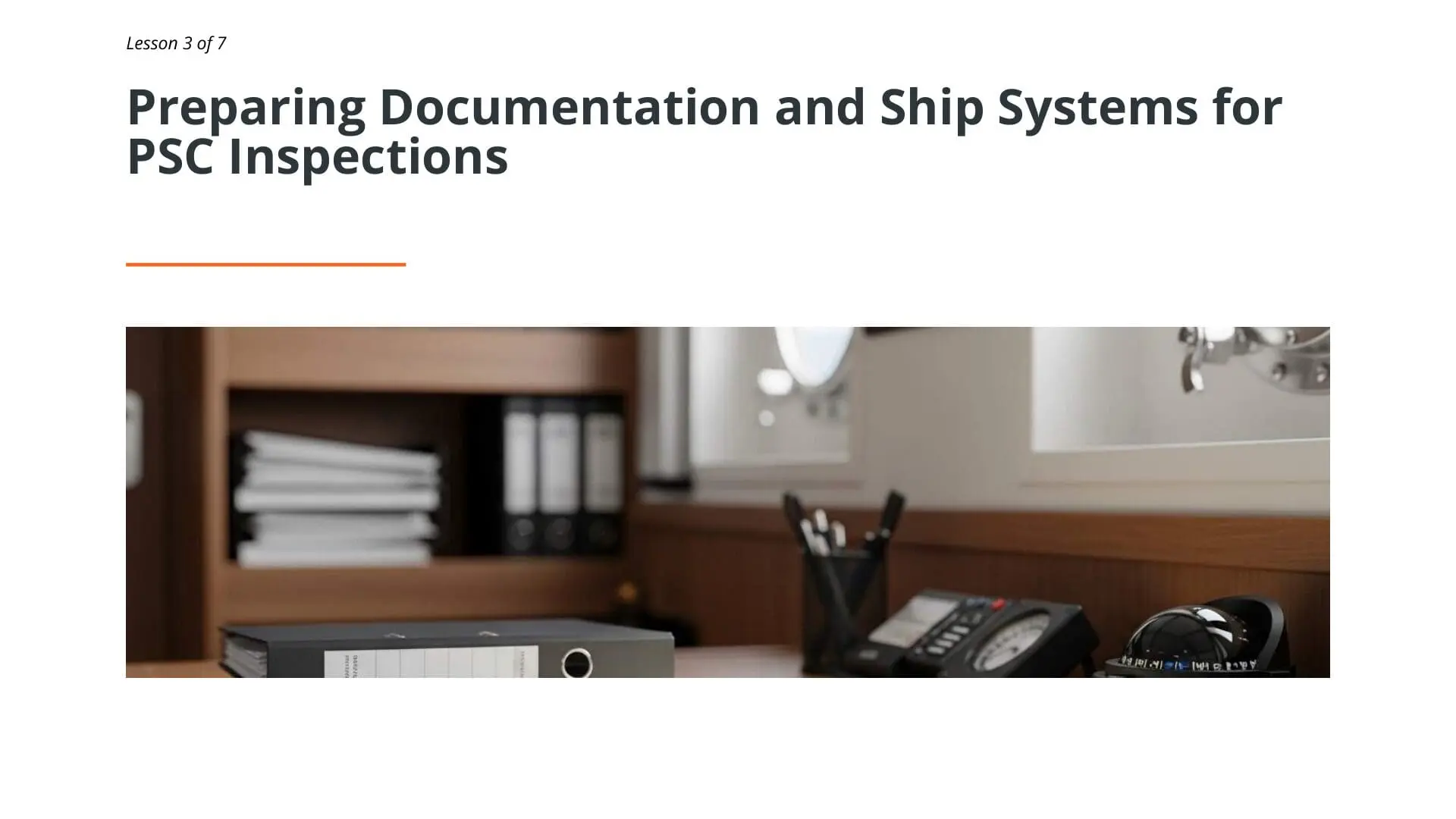 Office desk with organized documentation files and inspection materials for Port State Control preparation