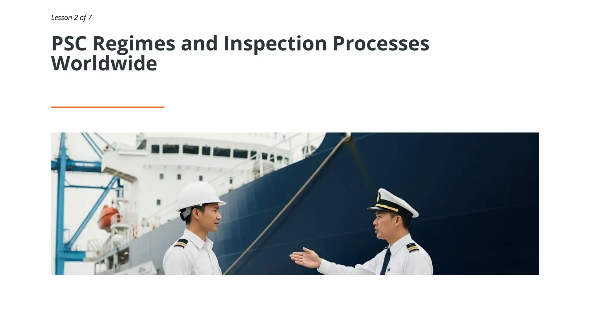 Ship captain and port state control inspector discussing vessel inspection procedures next to cargo ship at port
