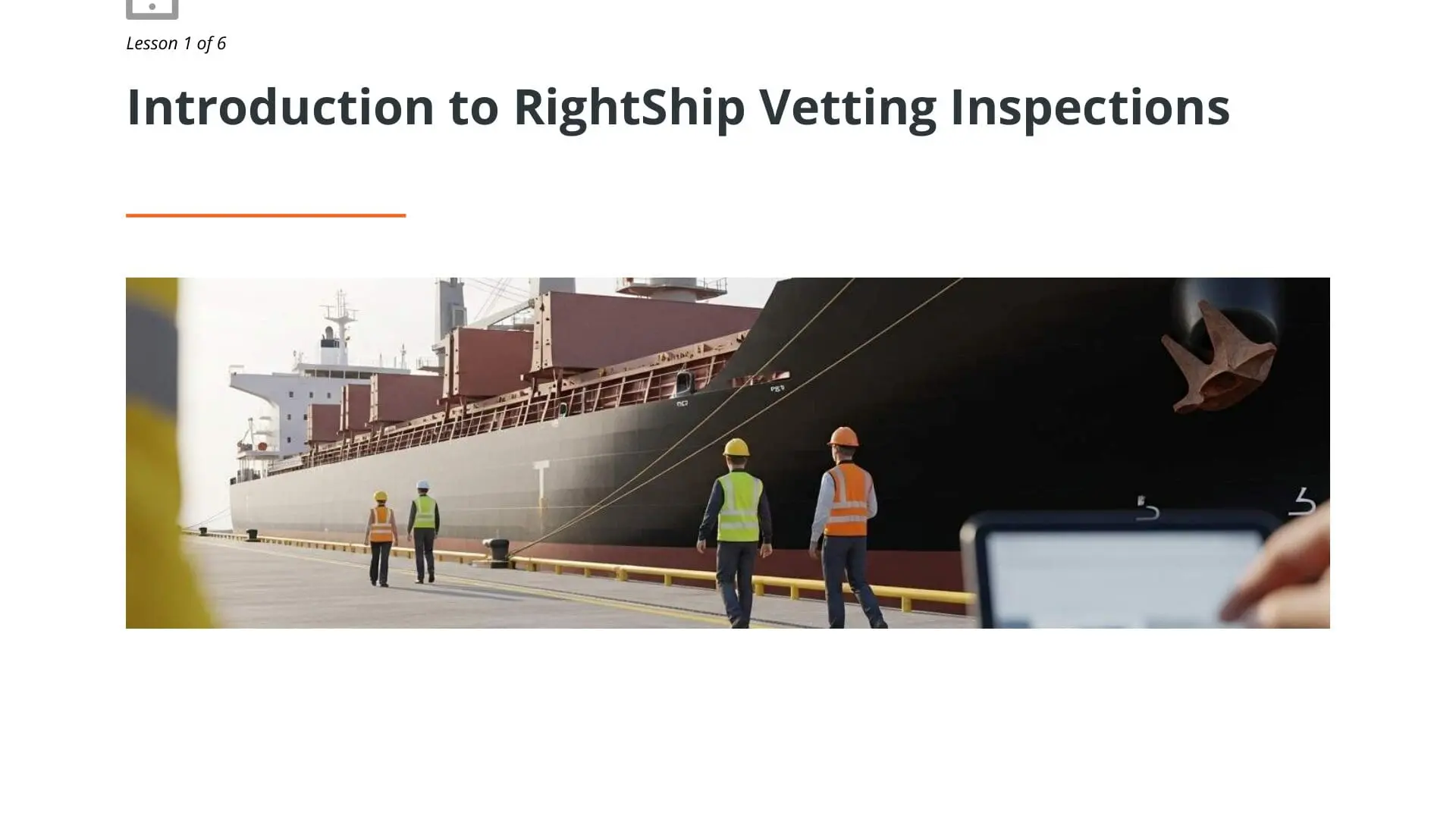 Port workers in safety gear conducting RightShip vetting inspection of dry bulk cargo ship at dock