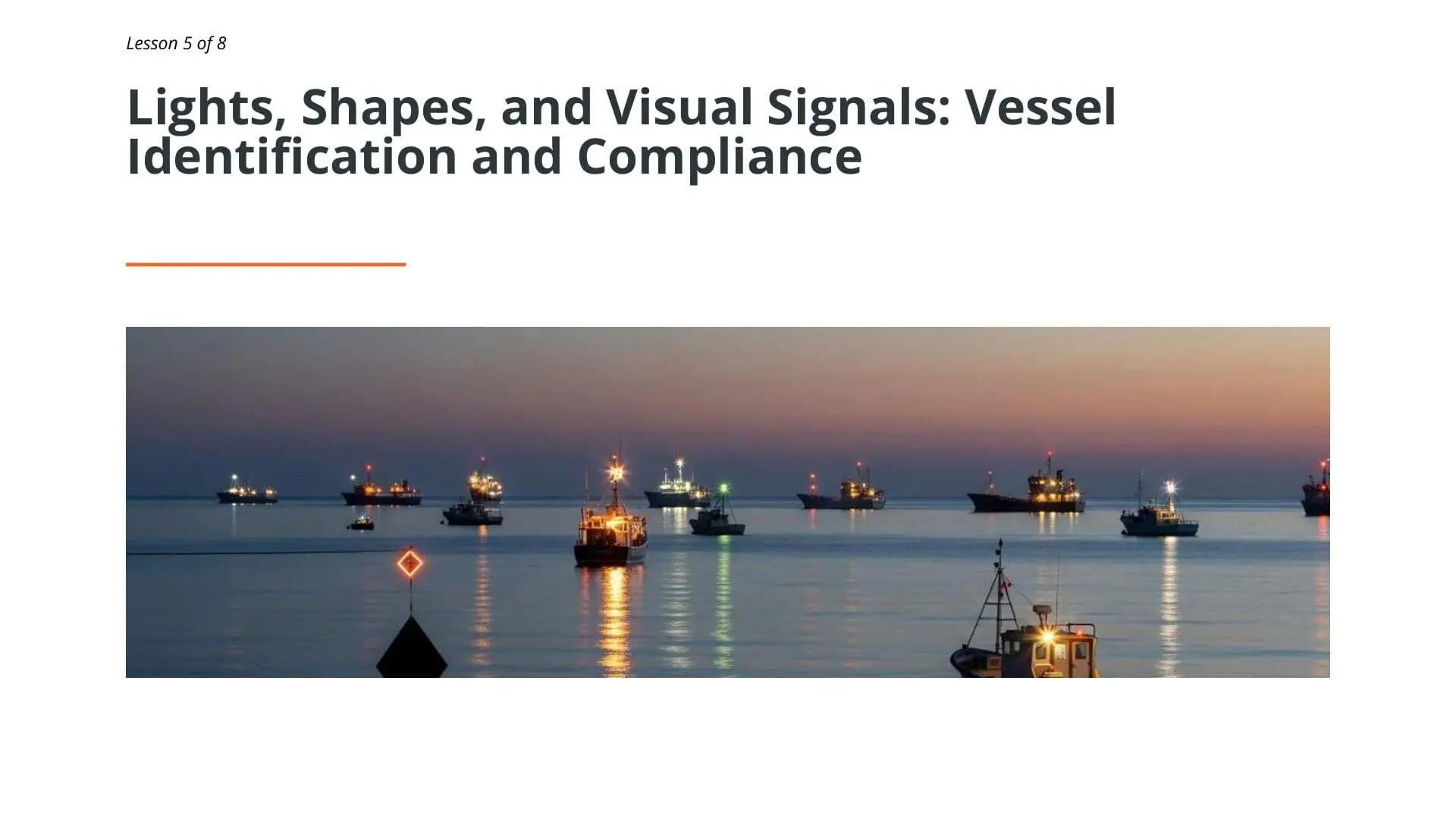 Anchored vessels displaying navigation lights at dusk for maritime safety and COLREGs compliance during nighttime operations