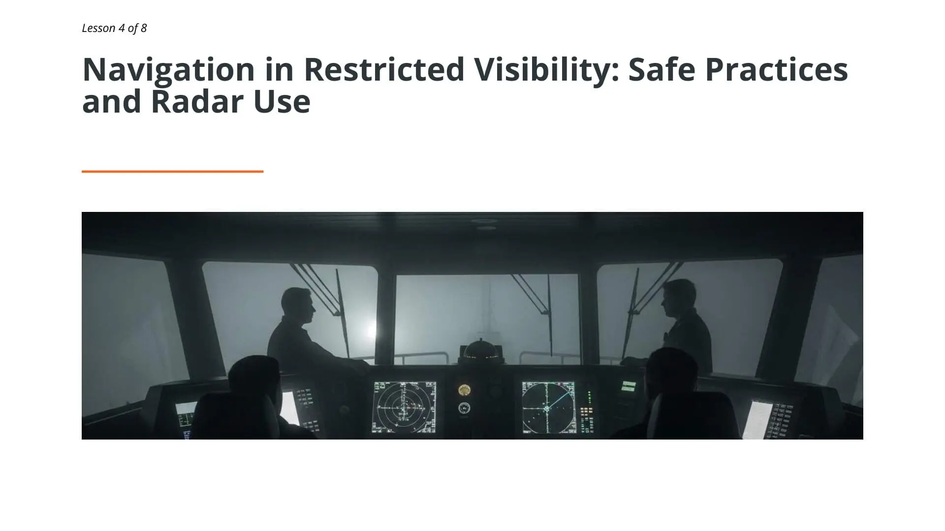 Ship bridge crew monitoring radar displays during restricted visibility navigation, demonstrating safe seamanship practices for COLREGs compliance