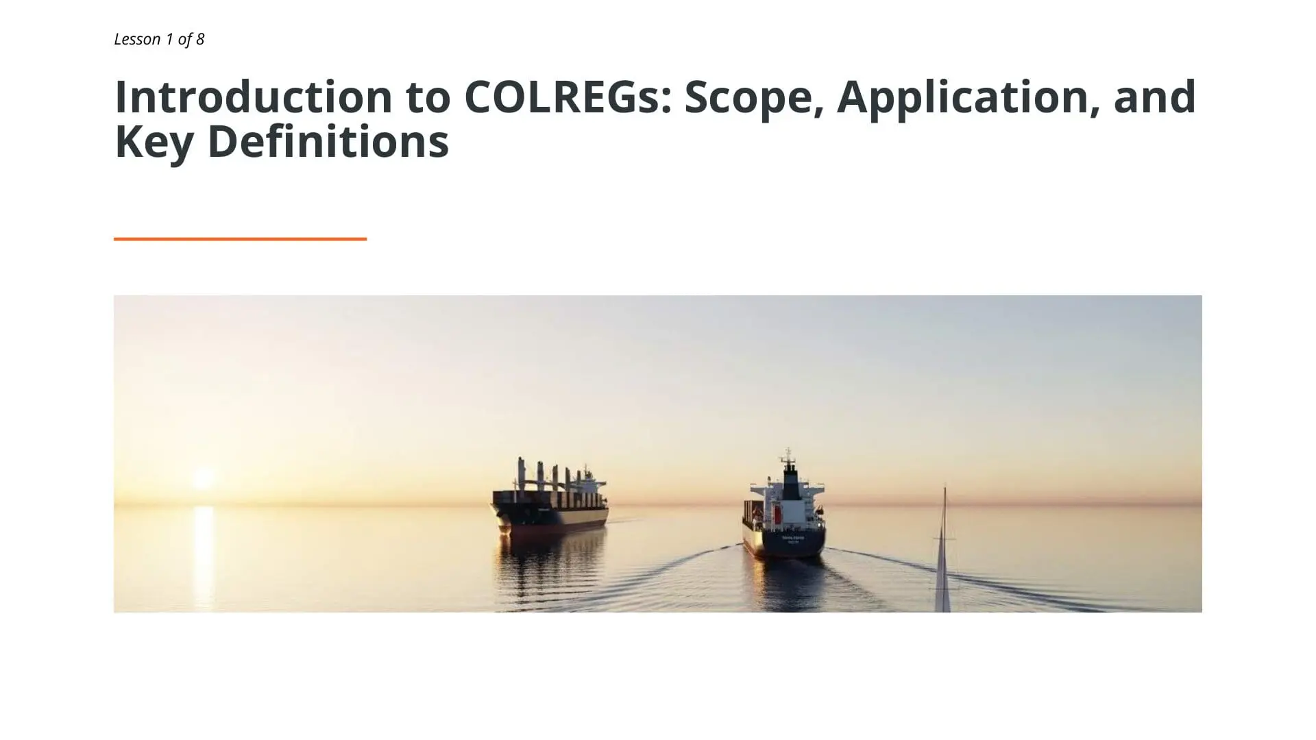 Two cargo ships navigating in calm waters at sunrise, illustrating maritime safety and COLREGs navigation rules for vessel collision prevention