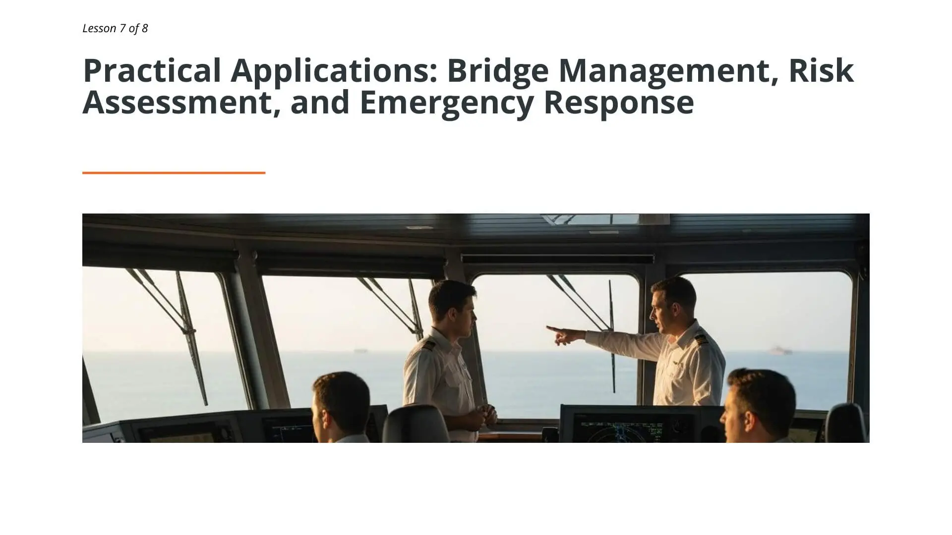 Maritime professionals discussing bridge management and emergency response procedures on vessel bridge during safe vessel navigation training