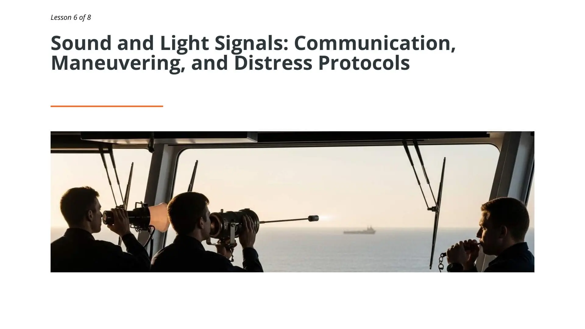 Maritime crew using binoculars and communication equipment on vessel bridge for navigation and collision avoidance protocols