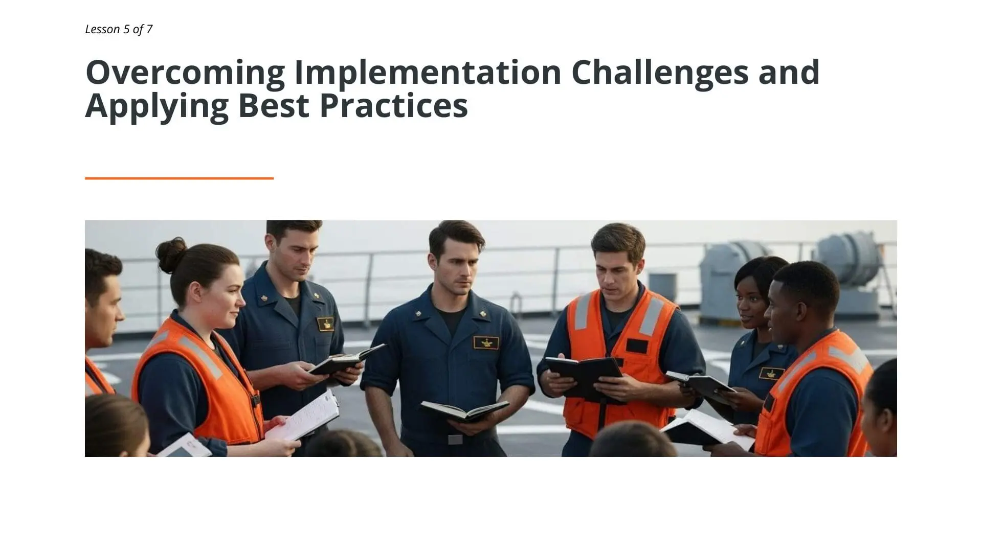 Maritime crew members in safety vests reviewing SEEMP training materials on ship deck during implementation lesson