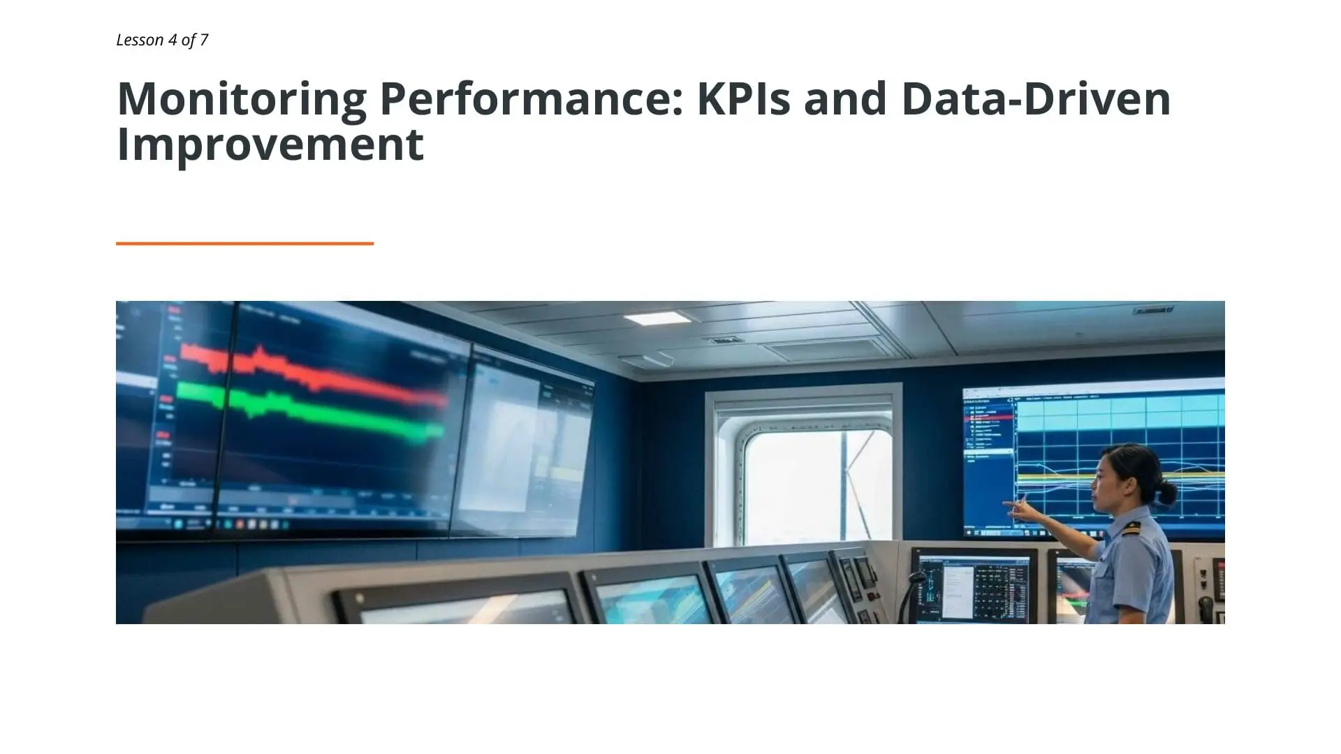 Control room operator monitoring performance metrics on multiple displays showing real-time data visualization for ship energy efficiency management and KPI tracking