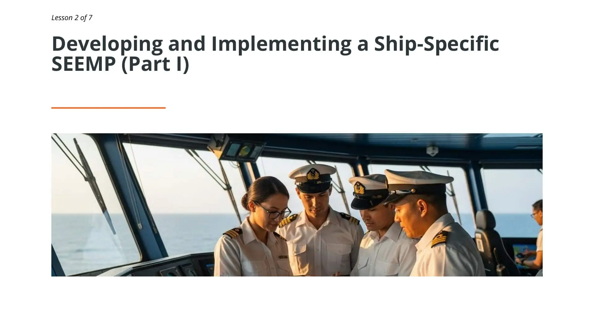 Naval officers in uniform discussing ship energy efficiency management plan on bridge with ocean view