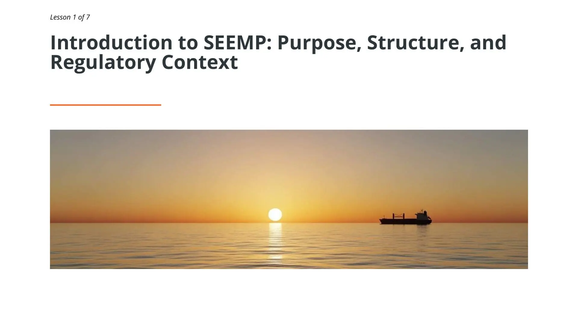 Cargo ship at sunset representing SEEMP maritime energy efficiency training for lesson 1 of 7 on STCW.online