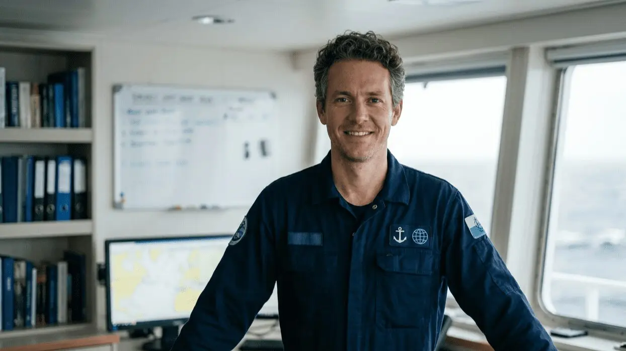 Professional maritime officer in navy uniform with anchor emblem standing in modern ship bridge with navigation equipment, whiteboard, and ocean view through windows