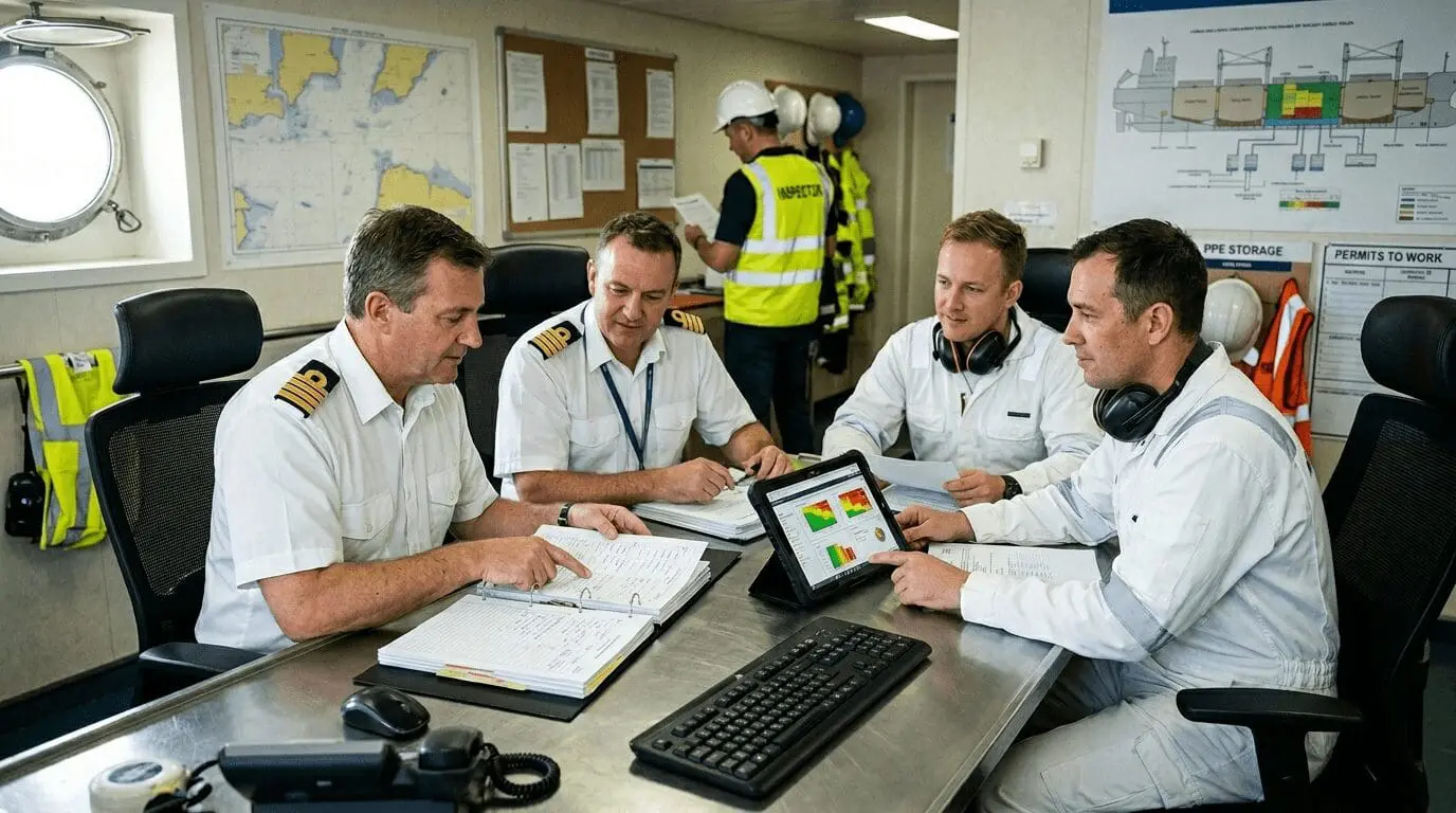 Ship officers and crew members in safety vests reviewing digital data and documentation on tablet devices in maritime operations control room