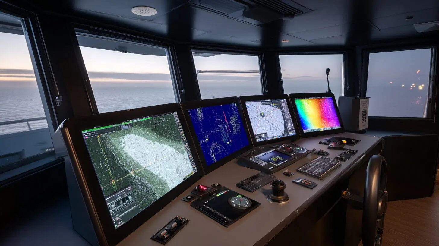 Maritime bridge with multiple navigation displays, radar systems, and monitoring screens overlooking the ocean at dusk for STCW maritime training