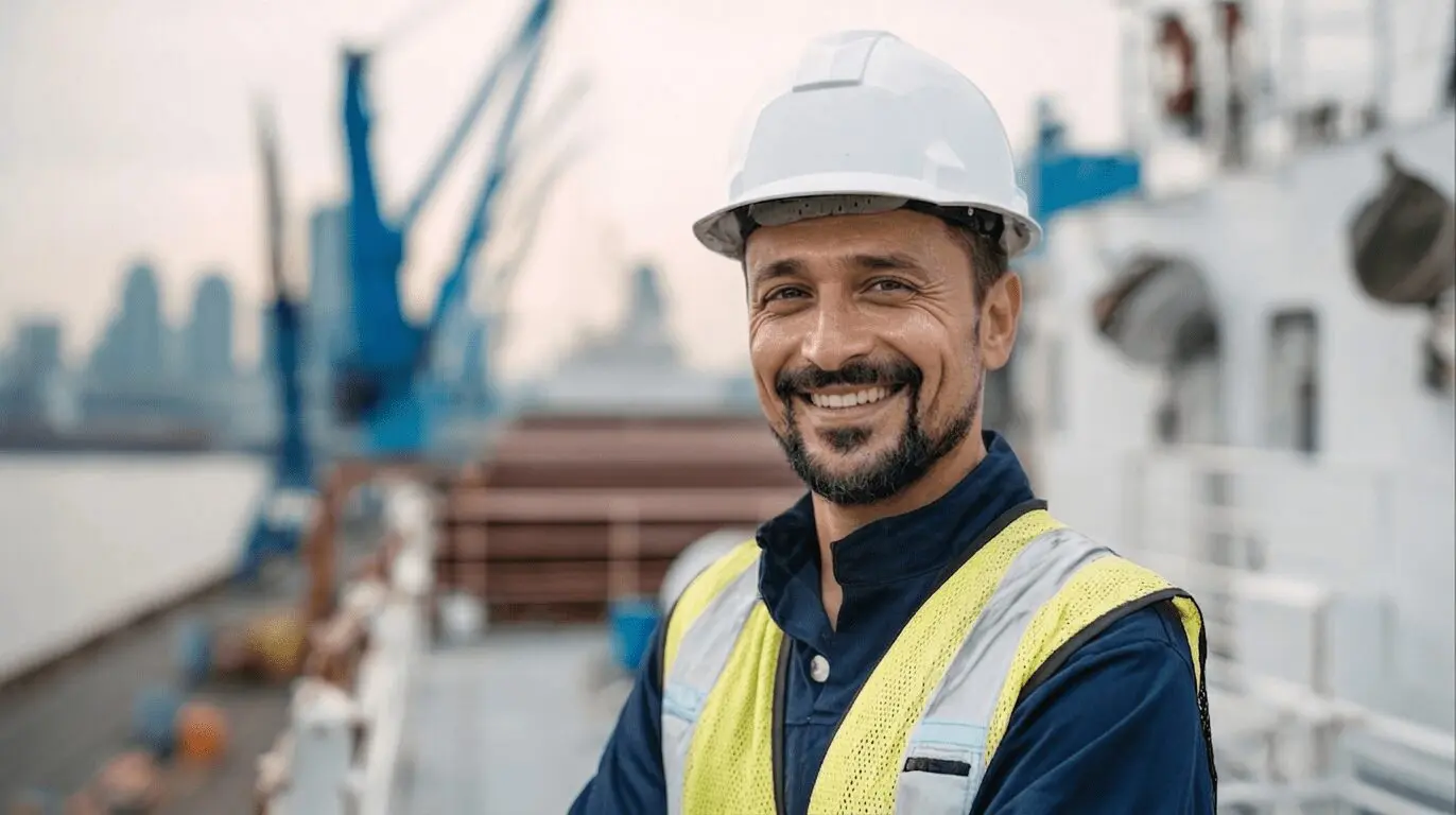 Smiling maritime worker wearing white hard hat and yellow safety vest on cargo ship deck at port for STCW online training