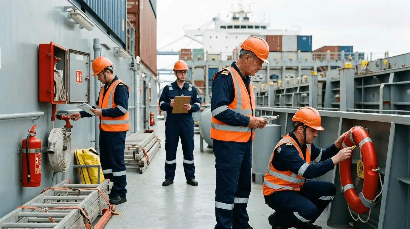 Maritime workers in orange hard hats and safety vests performing safety equipment inspection and training at a container ship port terminal