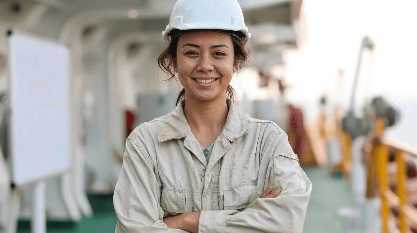 Female construction worker wearing white hard hat and beige work uniform, smiling with arms crossed on industrial job site